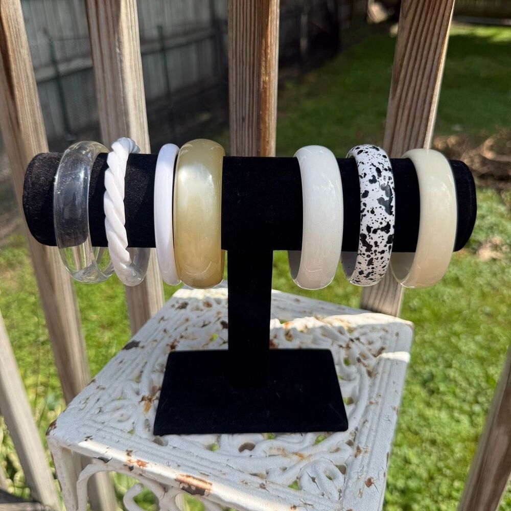 Vintage White Pearl Clear Bangle Bracelet Lot Chunky Lucite Style